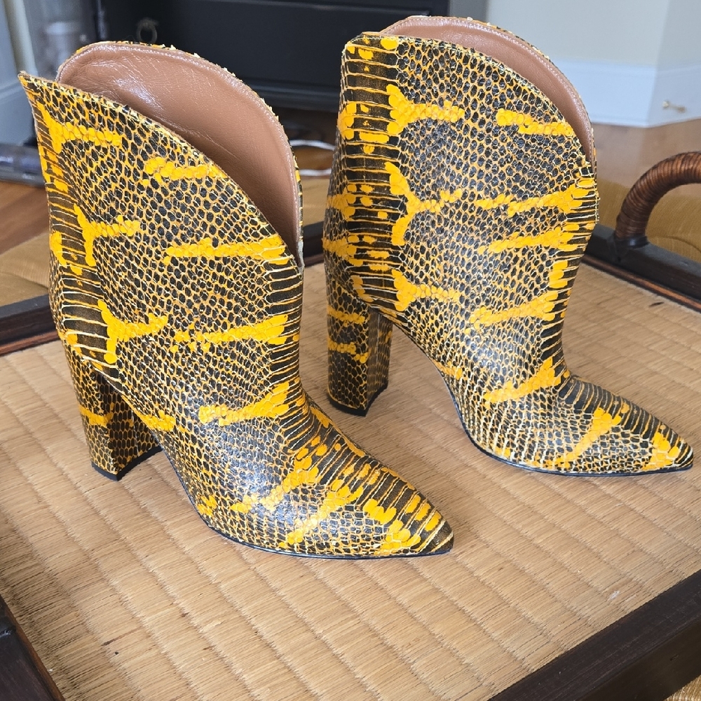 Paris Texas Yellow and Black Snakeskin Embossed Ankle Boots